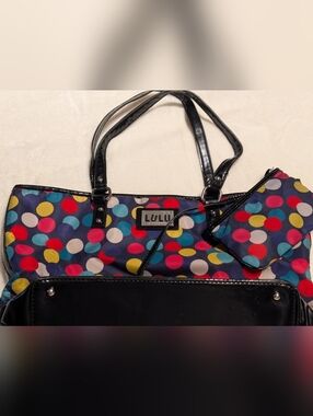 Lulu Guiness Navy Tote with Multicolor Polka Dots. Patent Leather Trim.